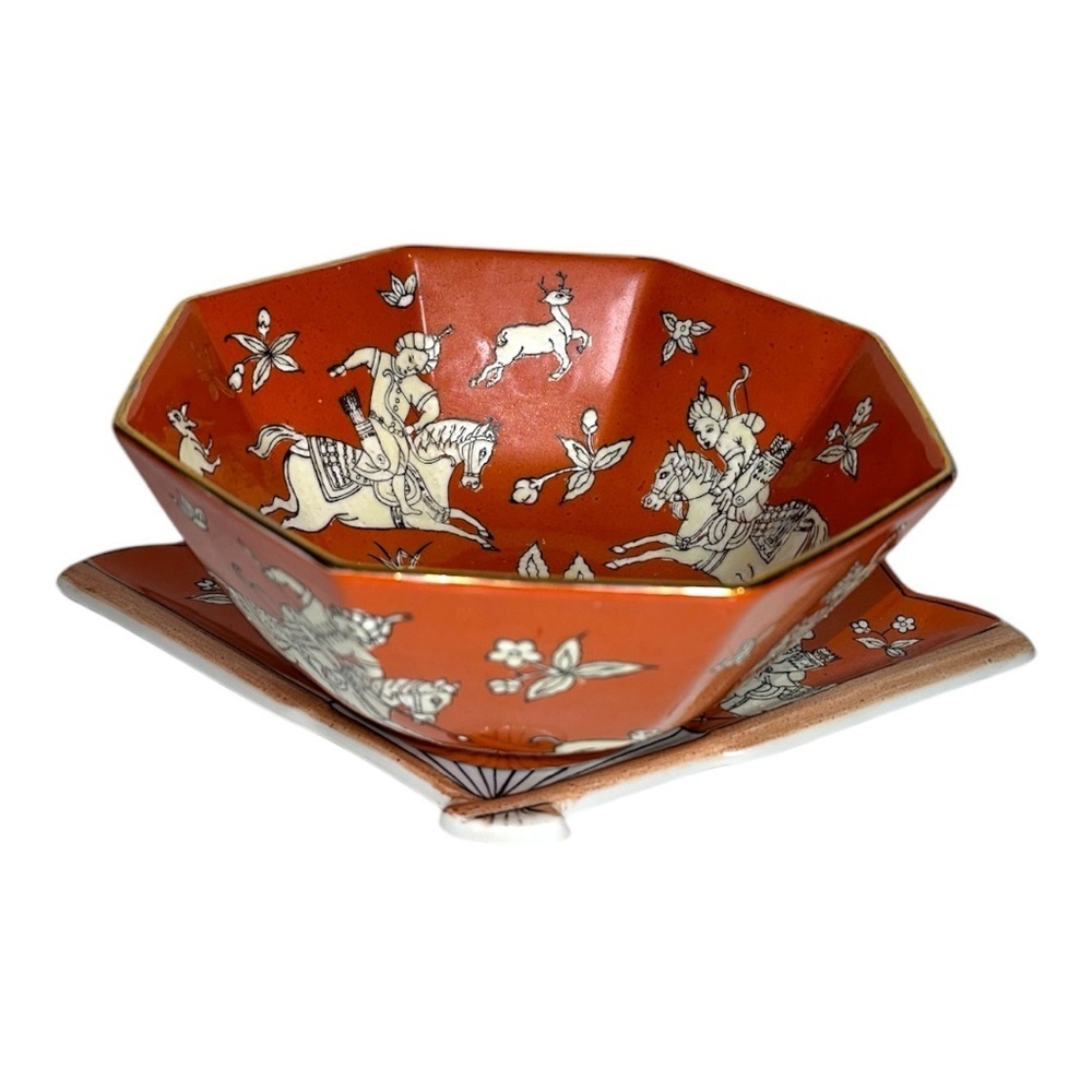 Japanese Kutani Ware porcelain Bowl Fan-Shaped Plate Set Horse Rider Design - Picture 4 of 11